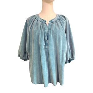 Dylan Fine Wale Corduroy Peasant Blouse Blue Balloon Sleeve Top Large